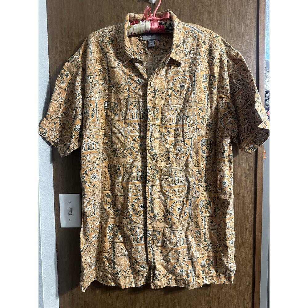 Vintage Eddie Bauer linen-blend men's button-down tribal Hawaiian shirt sz Large